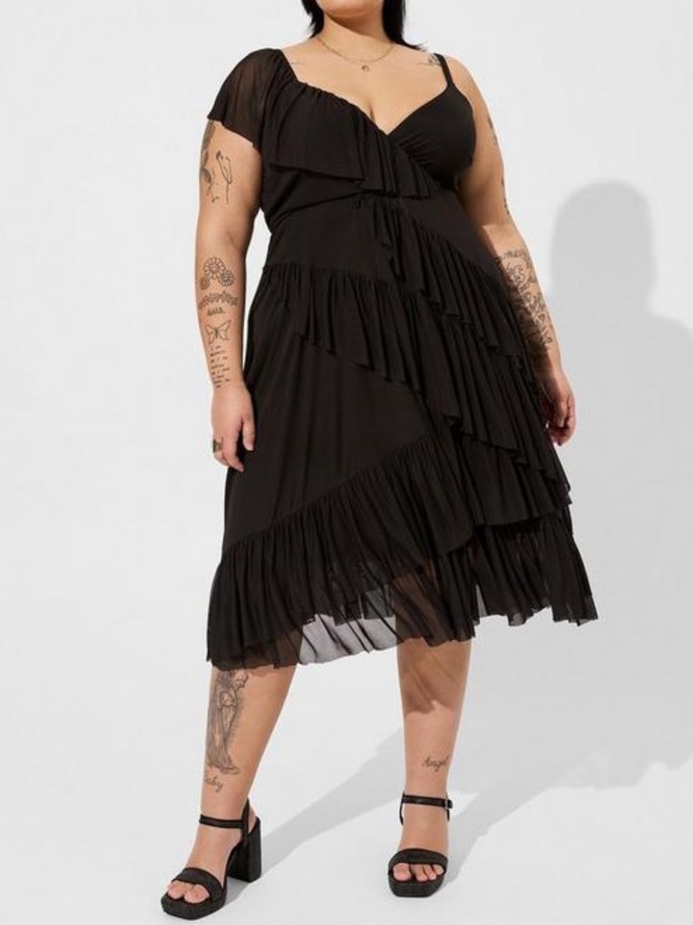Torrid‎ NWT Black Midi Mesh Ruffle Asymmetric Tiered Ruffle Midi Dress Size 4X
